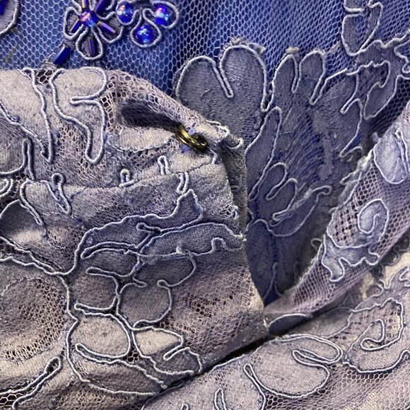 Vintage 80s Handmade Lace Beaded Midi Dress Womens 6 Blue Sequins Suede Regency - Picture 10 of 16